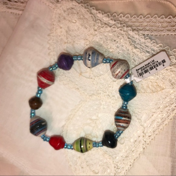 Colorful Paper Mache Bead Bracelet Banana Boat Recycled Stretch Bangle Vtg NWT - Picture 10 of 13